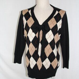TALBOTS Women's V-Neck Large Black Argyle Preppy Academic Merino Wool Sweater